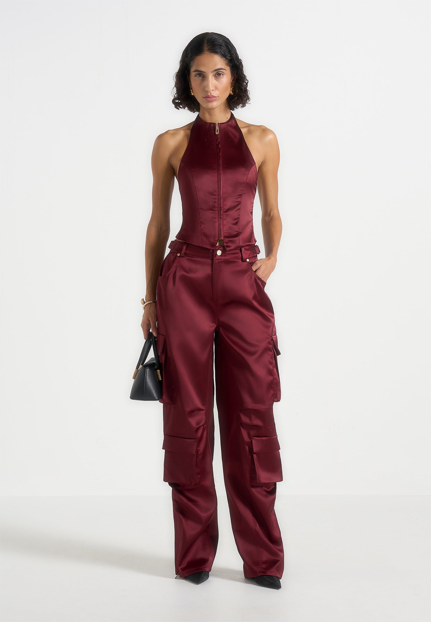 Claudette - Satin Halterneck Backless Top - Wine Red 