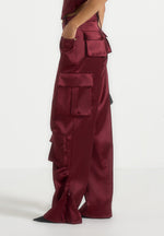 Emilie - Satin High Waisted Cargo Pants - Wine Red