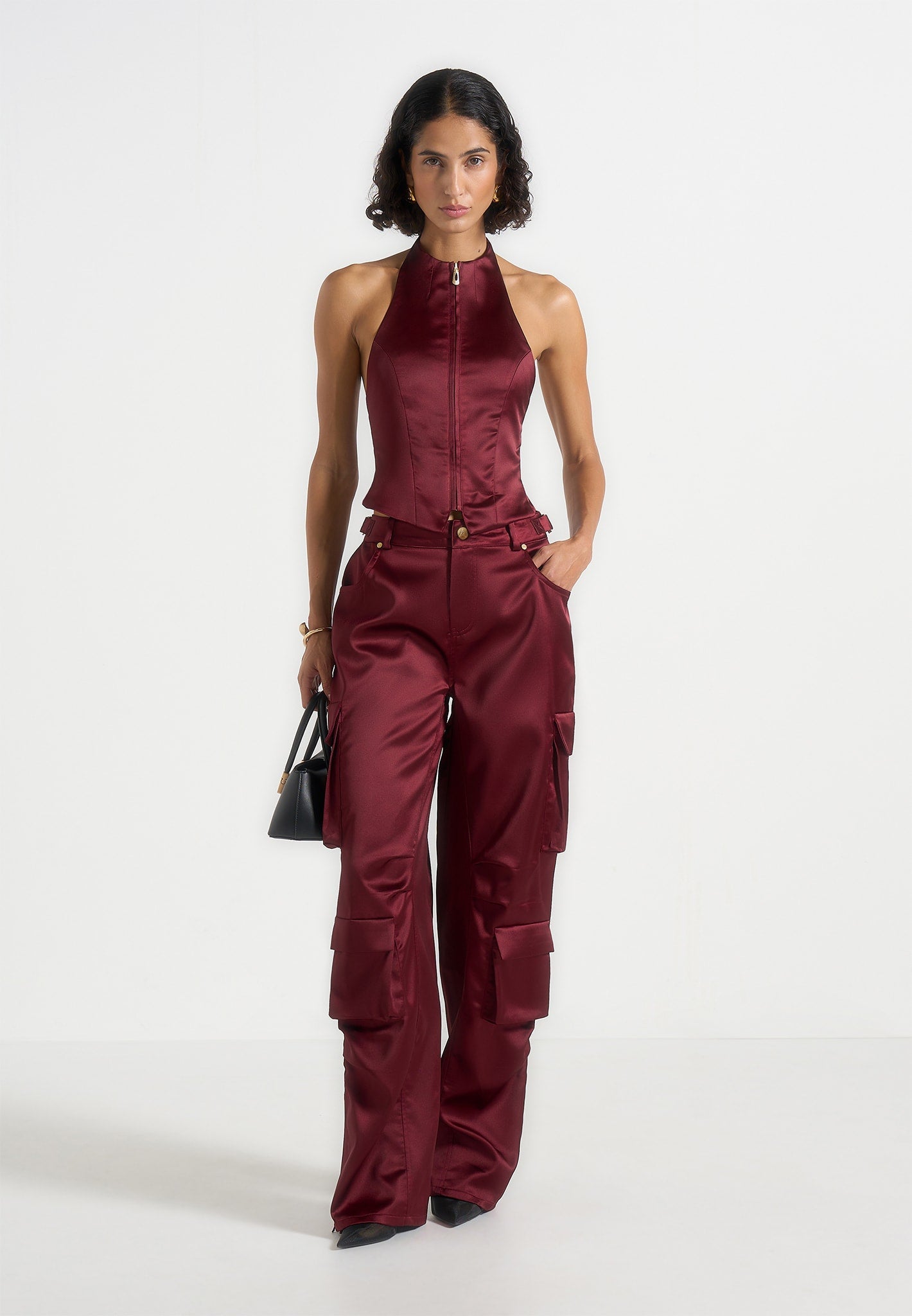 Emilie - Satin High Waisted Cargo Pants - Wine Red 