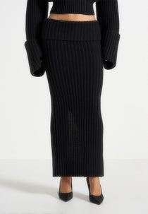 Lyra - Knit Maxi Skirt with Foldover - Black