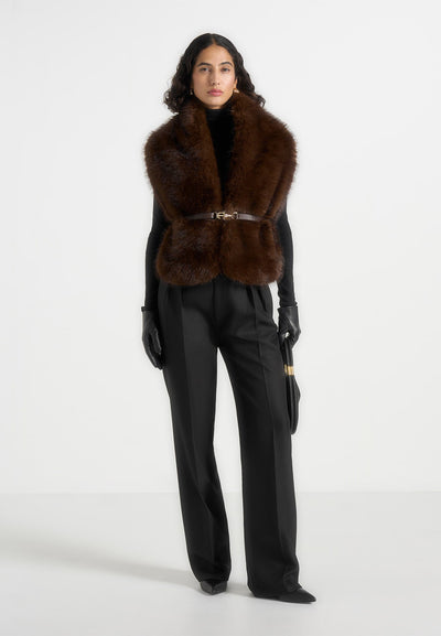 Lira - Fur Gilet With Belt - Dark Brown