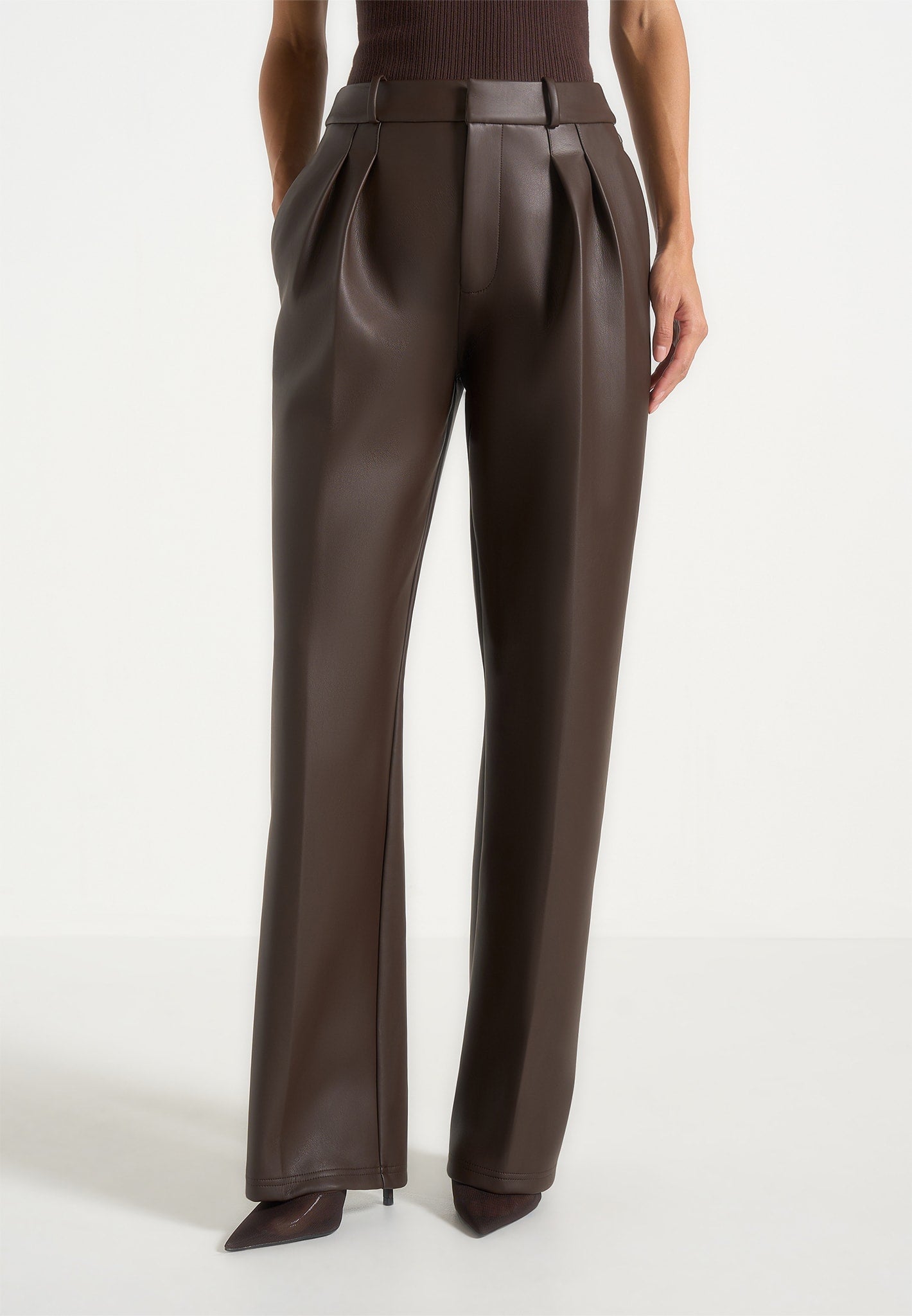 Julie - Leather Twin Pleat Trousers - Brown 