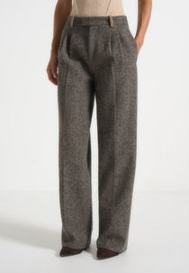 Julie - Herringbone Wool Twin Pleat Pants - Grey