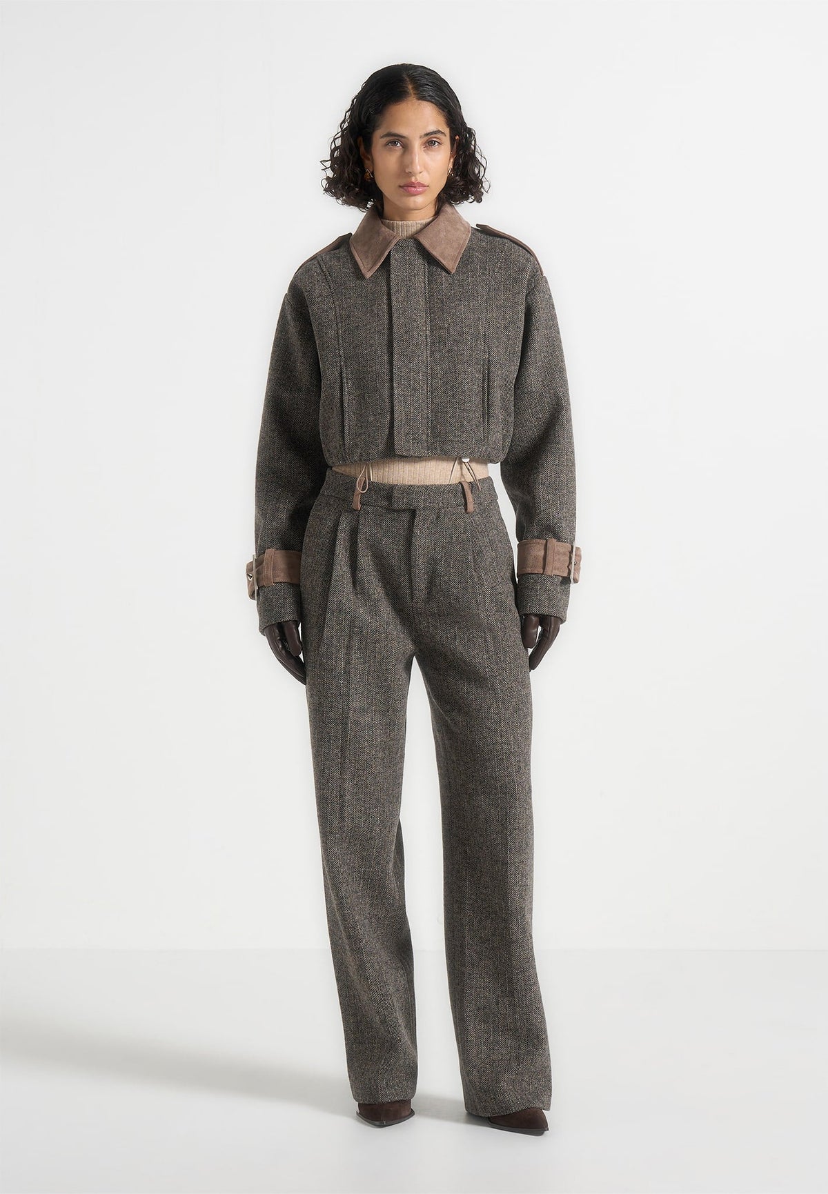 Julie - Herringbone Wool Twin Pleat Pants - Grey