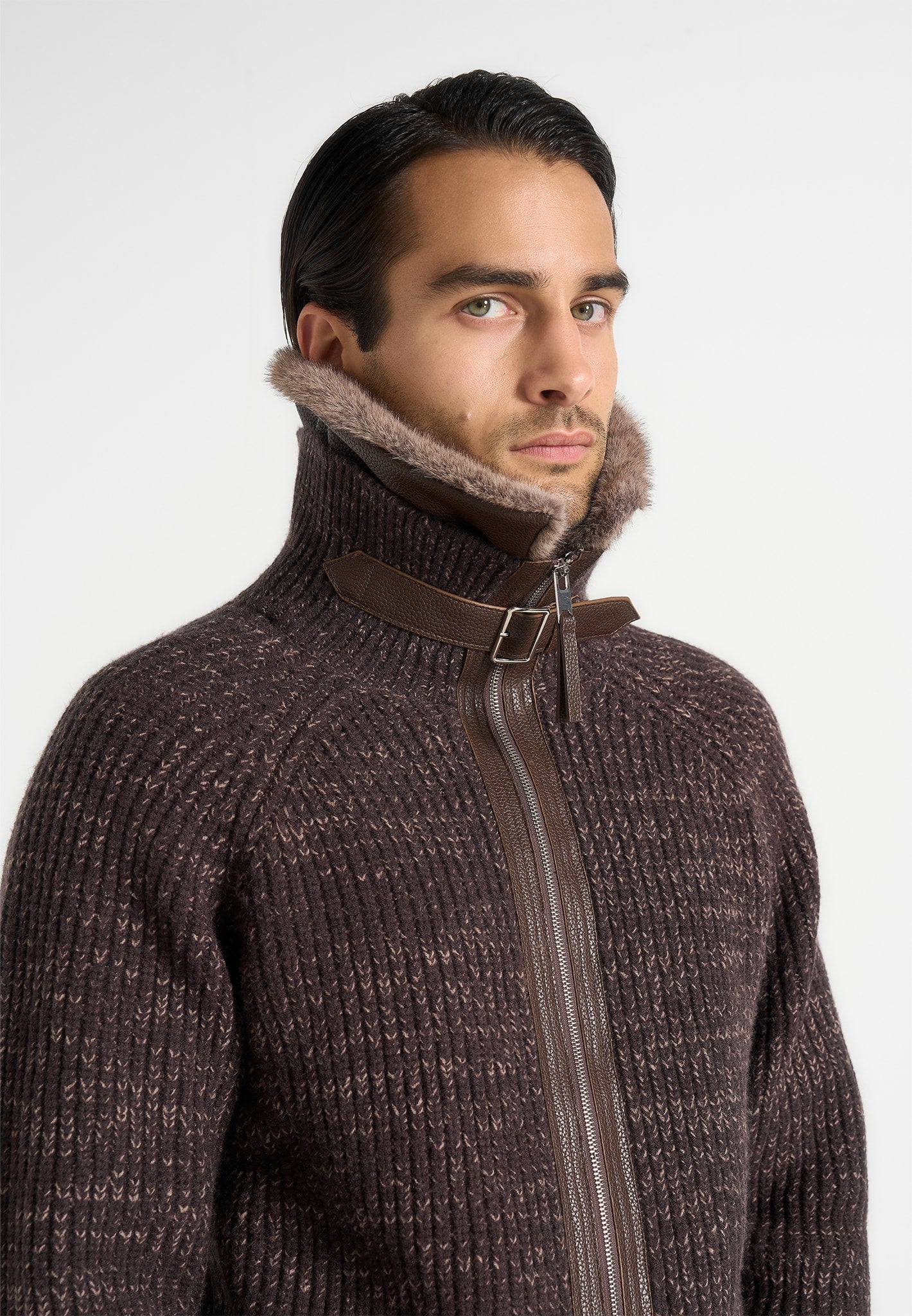 ariel-unisex-plush-collar-speckled-knit-jacket-brown