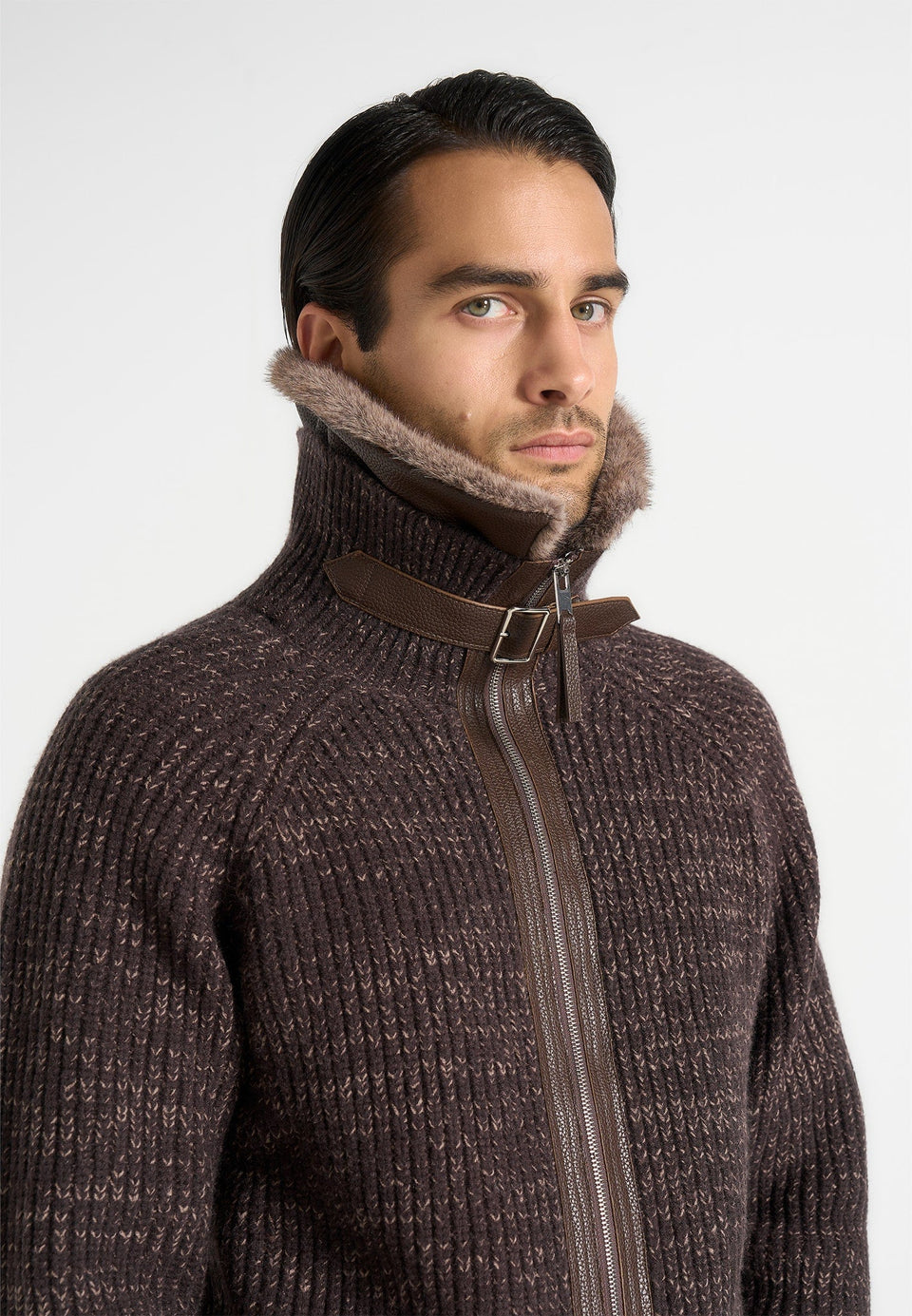 ariel-unisex-plush-collar-speckled-knit-jacket-brown