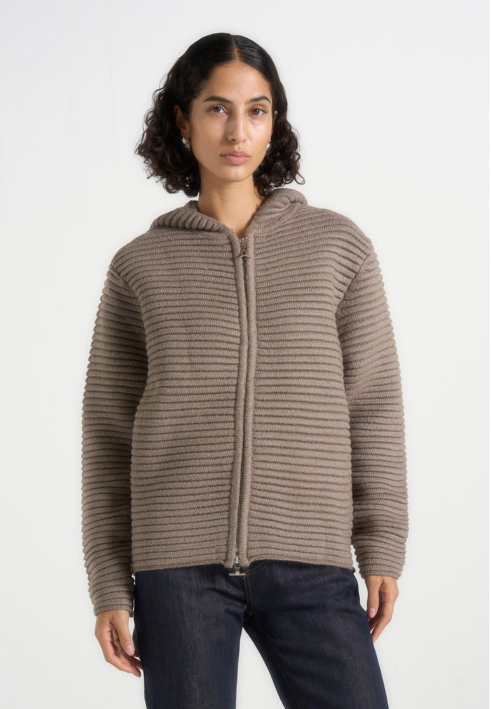 Eden - Unisex Ribbed Knit Zip Up Hoodie - Taupe