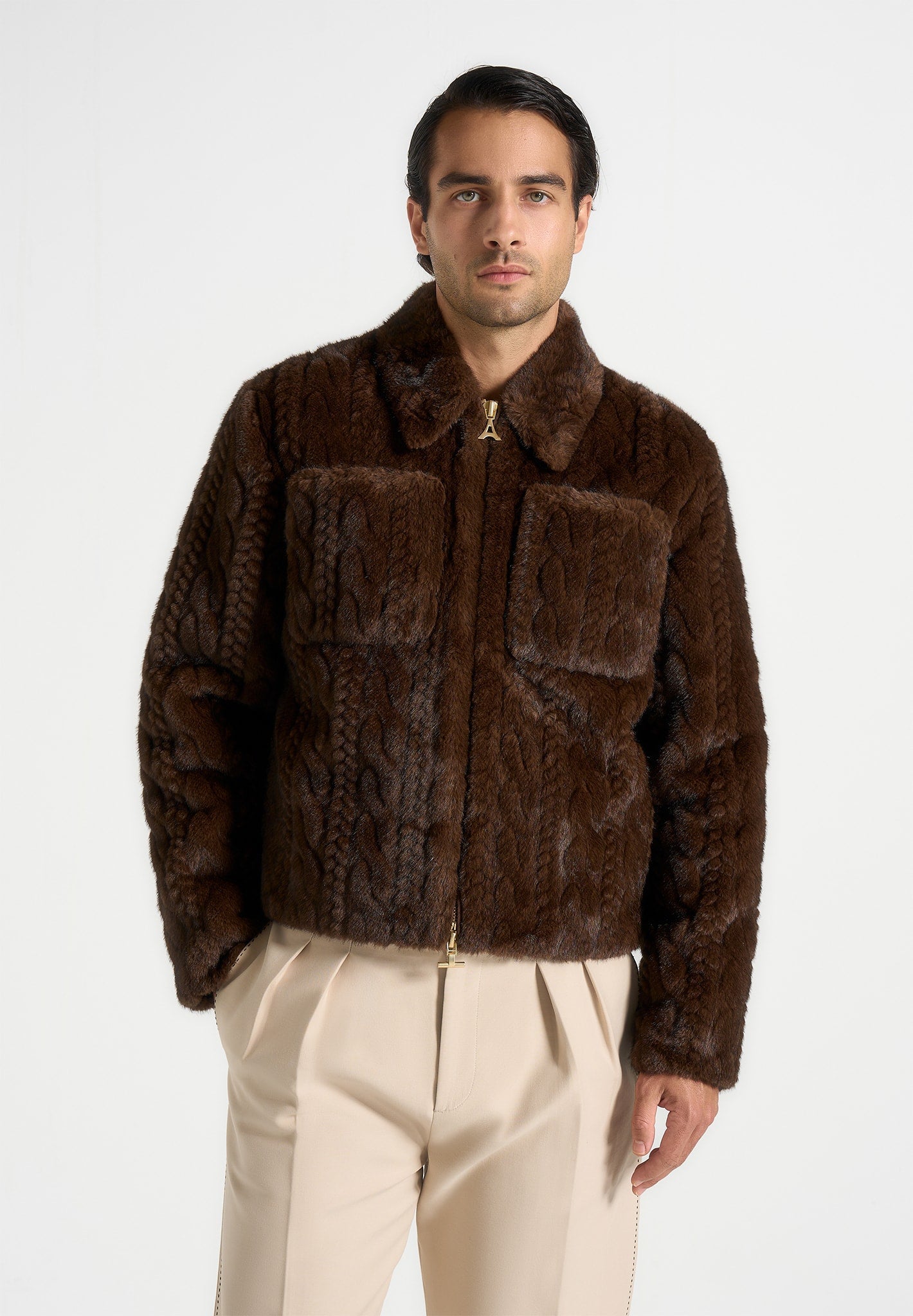 david-plush-cable-embossed-jacket-brown