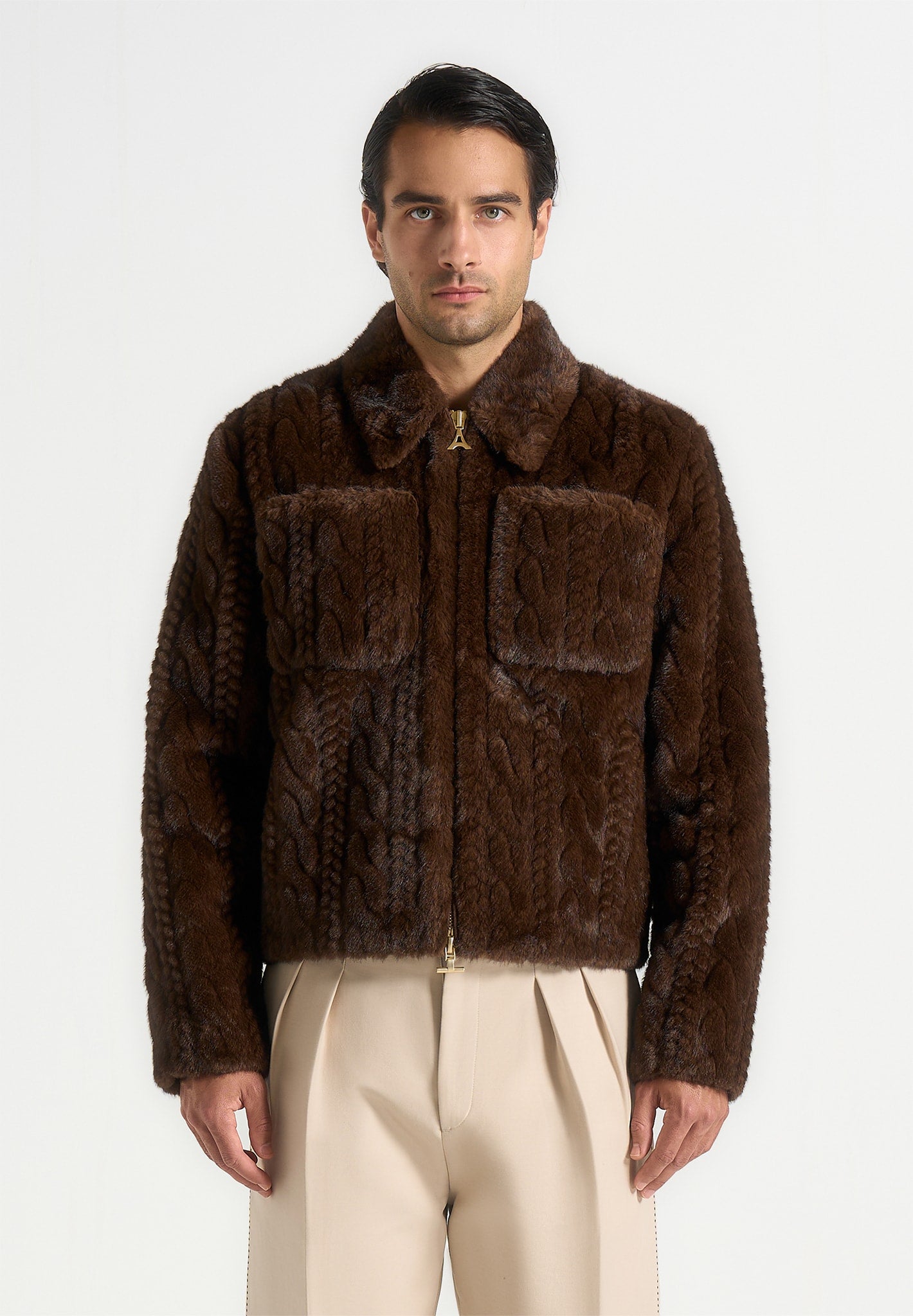 david-plush-cable-embossed-jacket-brown