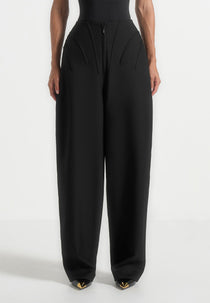 Rena - High Waisted Corset Sculptural Trousers - Black