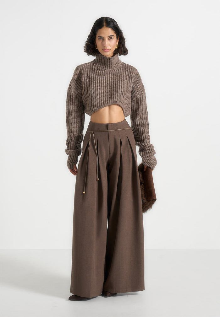 Flora - Box Pleat Wide Leg Belted Trousers - Brown