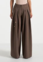 Flora - Box Pleat Wide Leg Belted Trousers - Brown