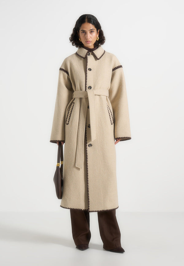 Elora - Wool Blanket Stitch Belted Longline Coat - Beige