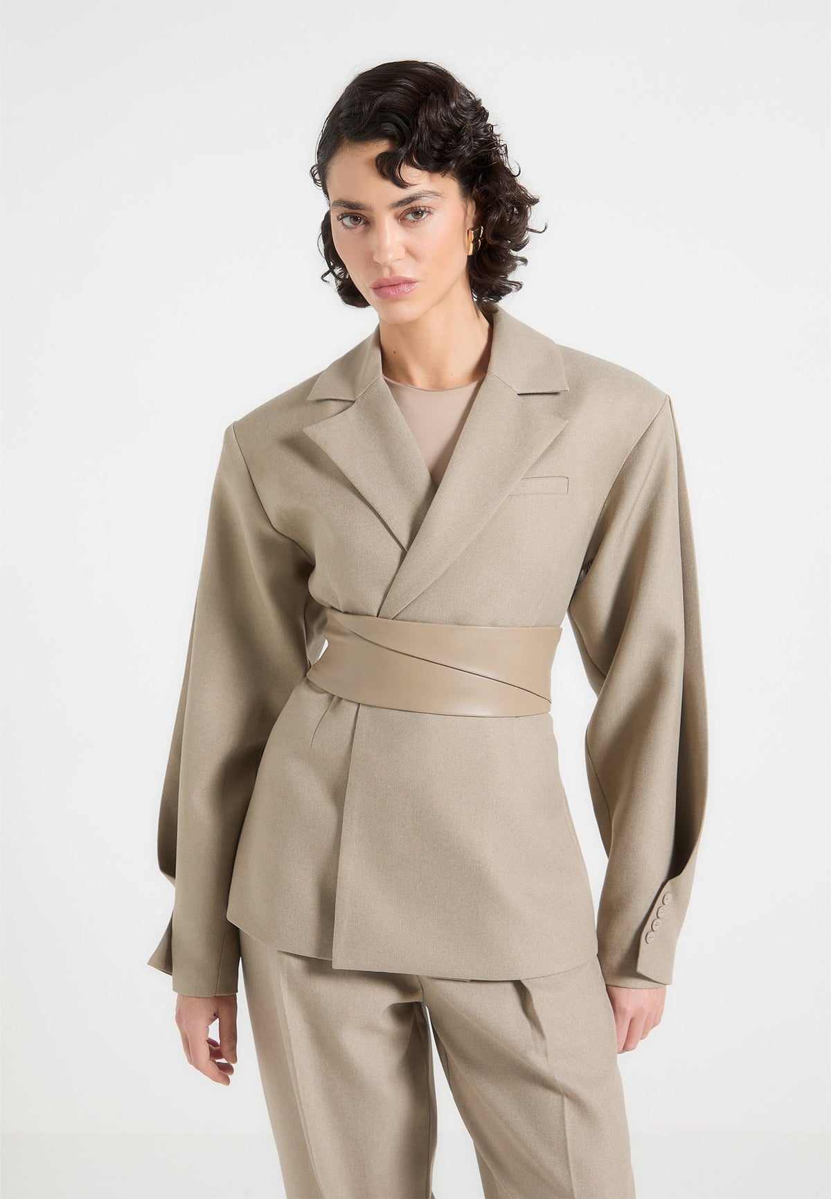 Marie - Twist Sleeve Tailored Blazer with Belt - Beige