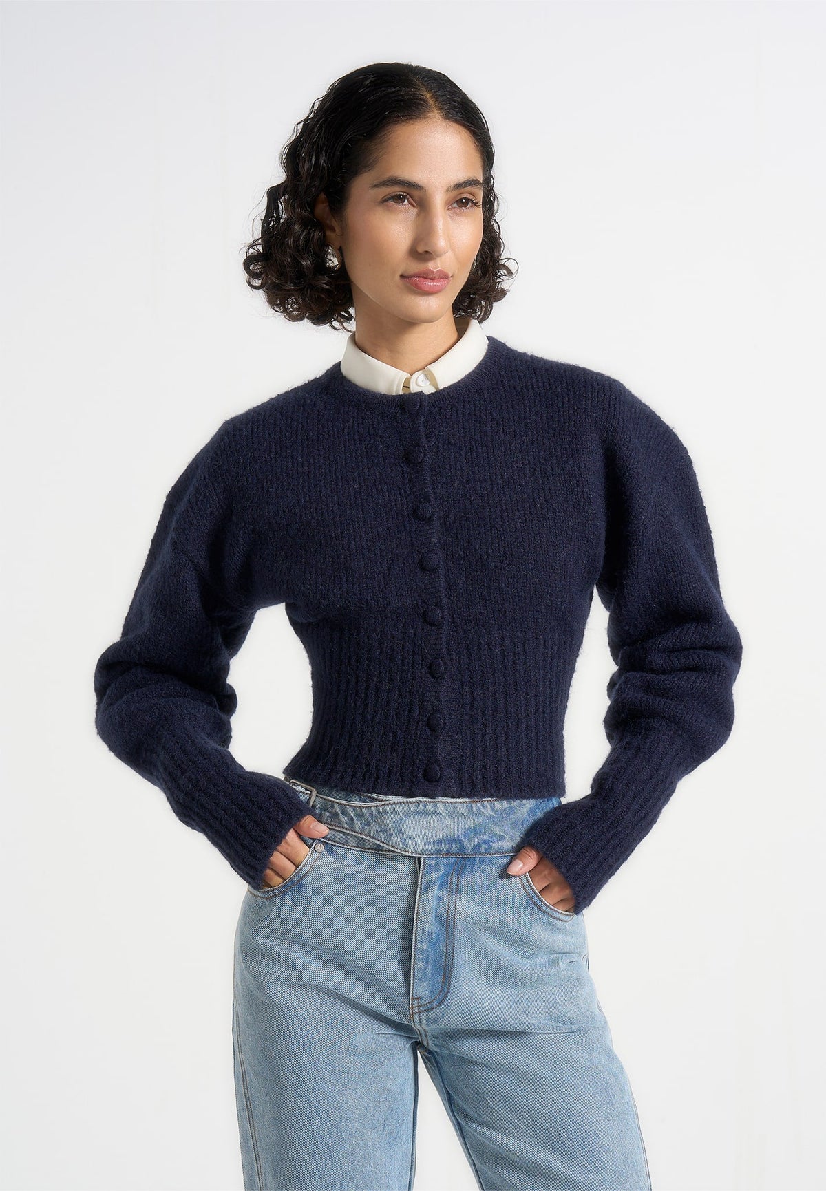 Mayla - Knitted Cinch Waist Cardigan - Navy