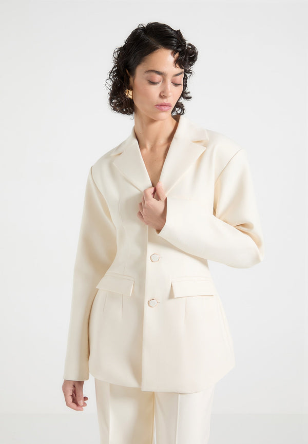 Claire - Wide Shoulder Cinch Waist Blazer - Cream