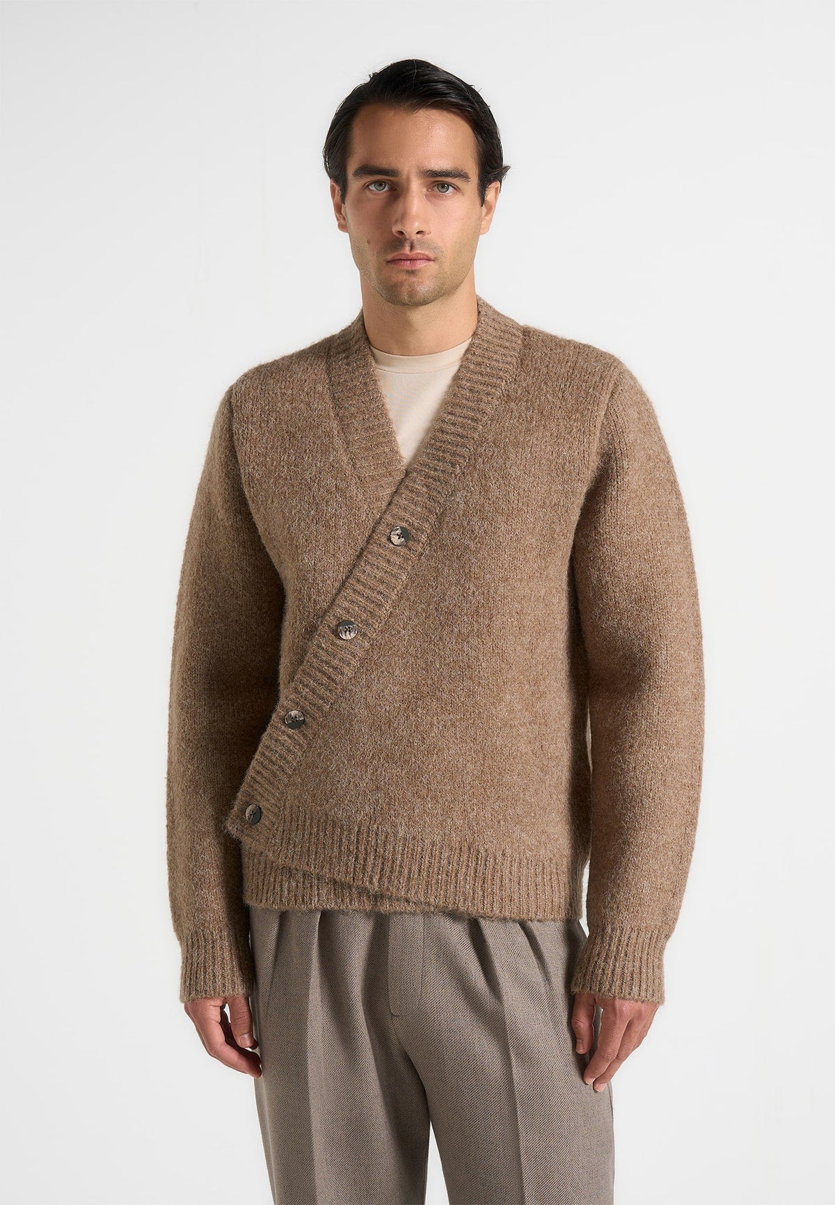 Dani - Unisex Asymmetric Brushed Knit Cardigan - Taupe