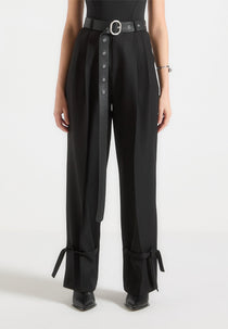 Suzanne - Tailored Pants with Oversized Belt and Ankle Ties - Black