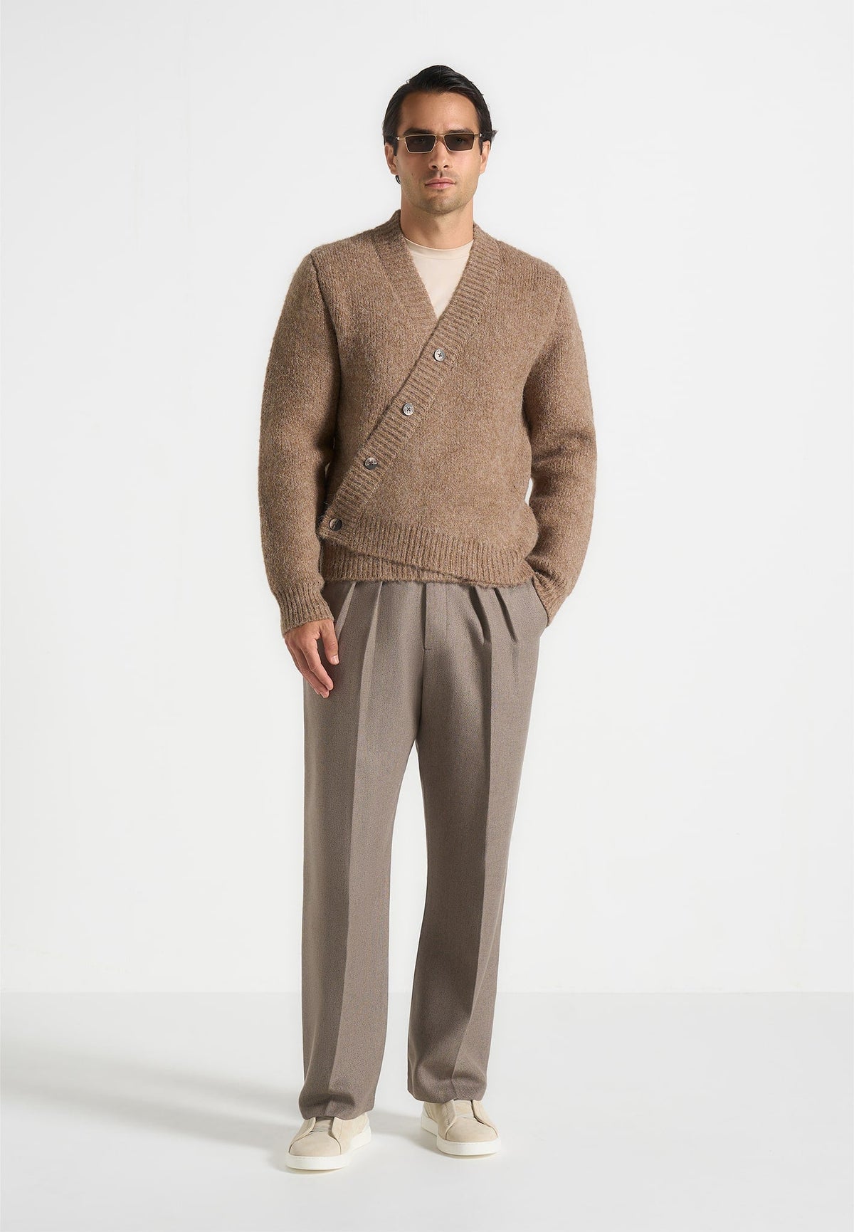 Dani - Unisex Asymmetric Brushed Knit Cardigan - Taupe