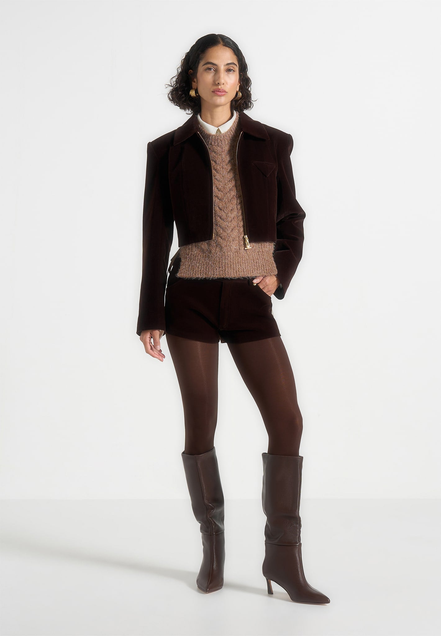 Samia - Velvet Patent Mini Shorts - Brown 