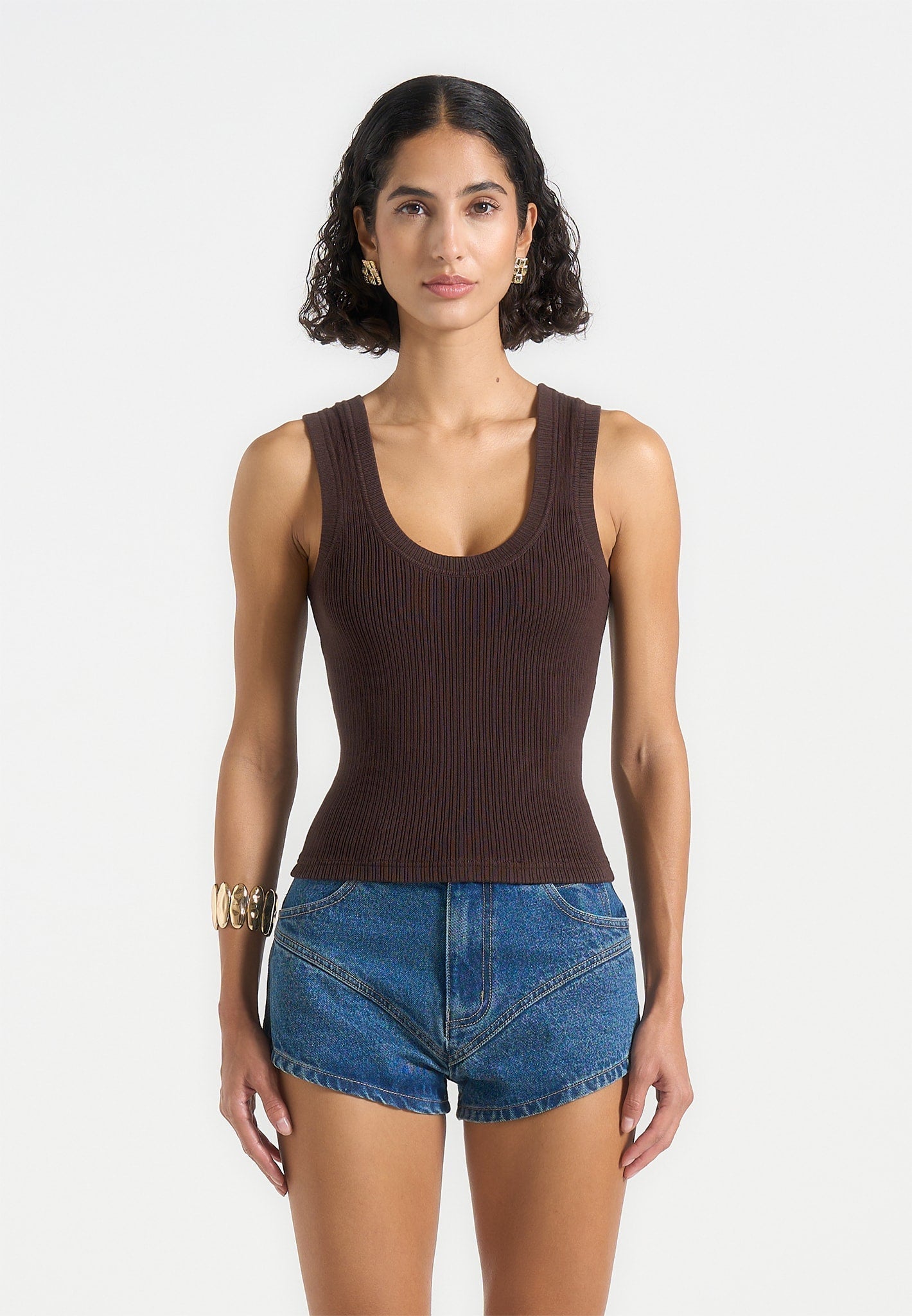 VS001 - Scoop Neck Ribbed Cotton Tank Top - Brown