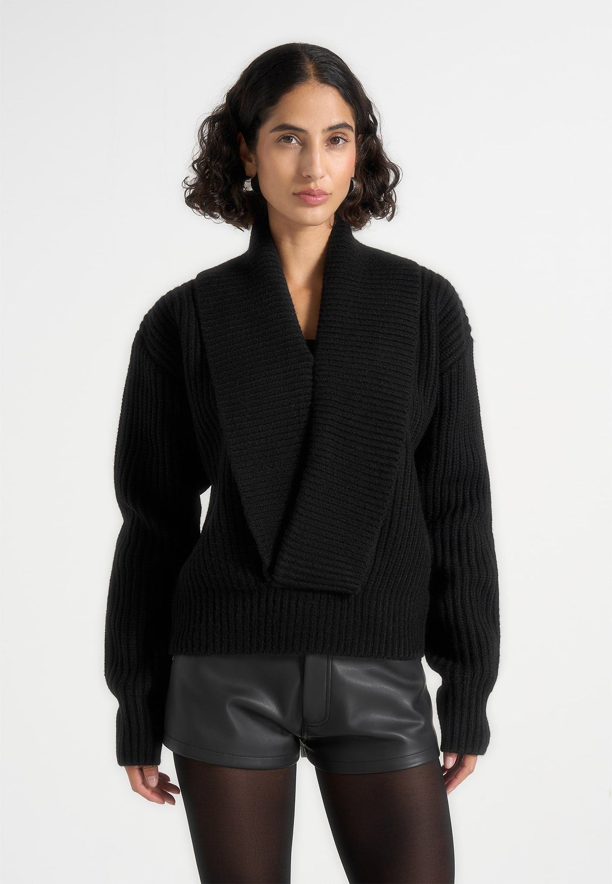 Azra - Plunge Knit Sweater - Black