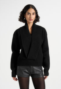 Azra - Plunge Knit Sweater - Black
