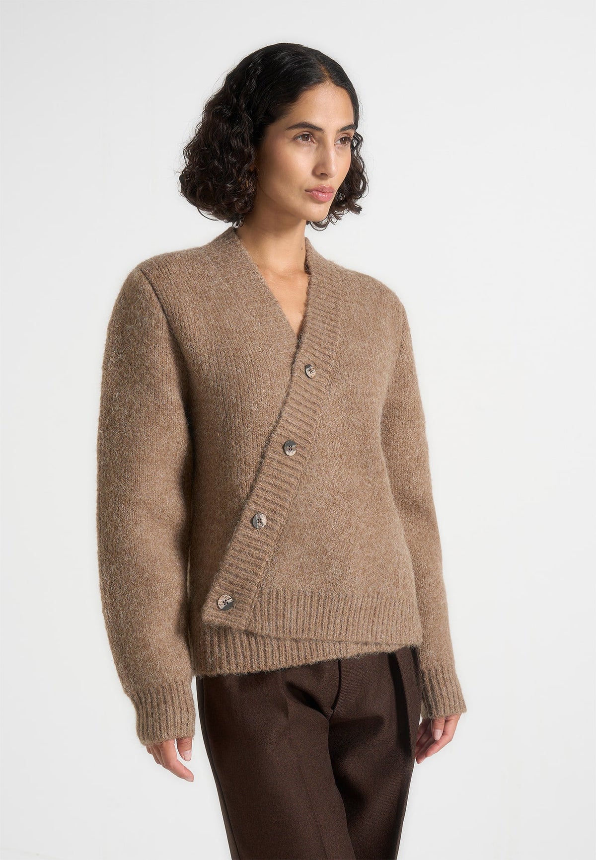 Dani - Unisex Asymmetric Brushed Knit Cardigan - Taupe