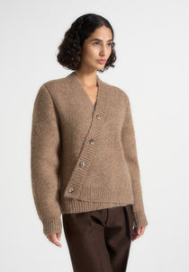 Dani - Unisex Asymmetric Brushed Knit Cardigan - Taupe