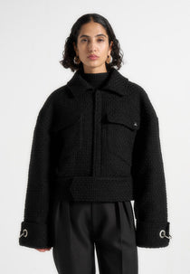 Naela - Boxy Tweed Jacket With Cuff Detail - Black
