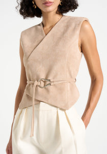 Jeanne - Suede Wrap Waistcoat with Belt - Taupe