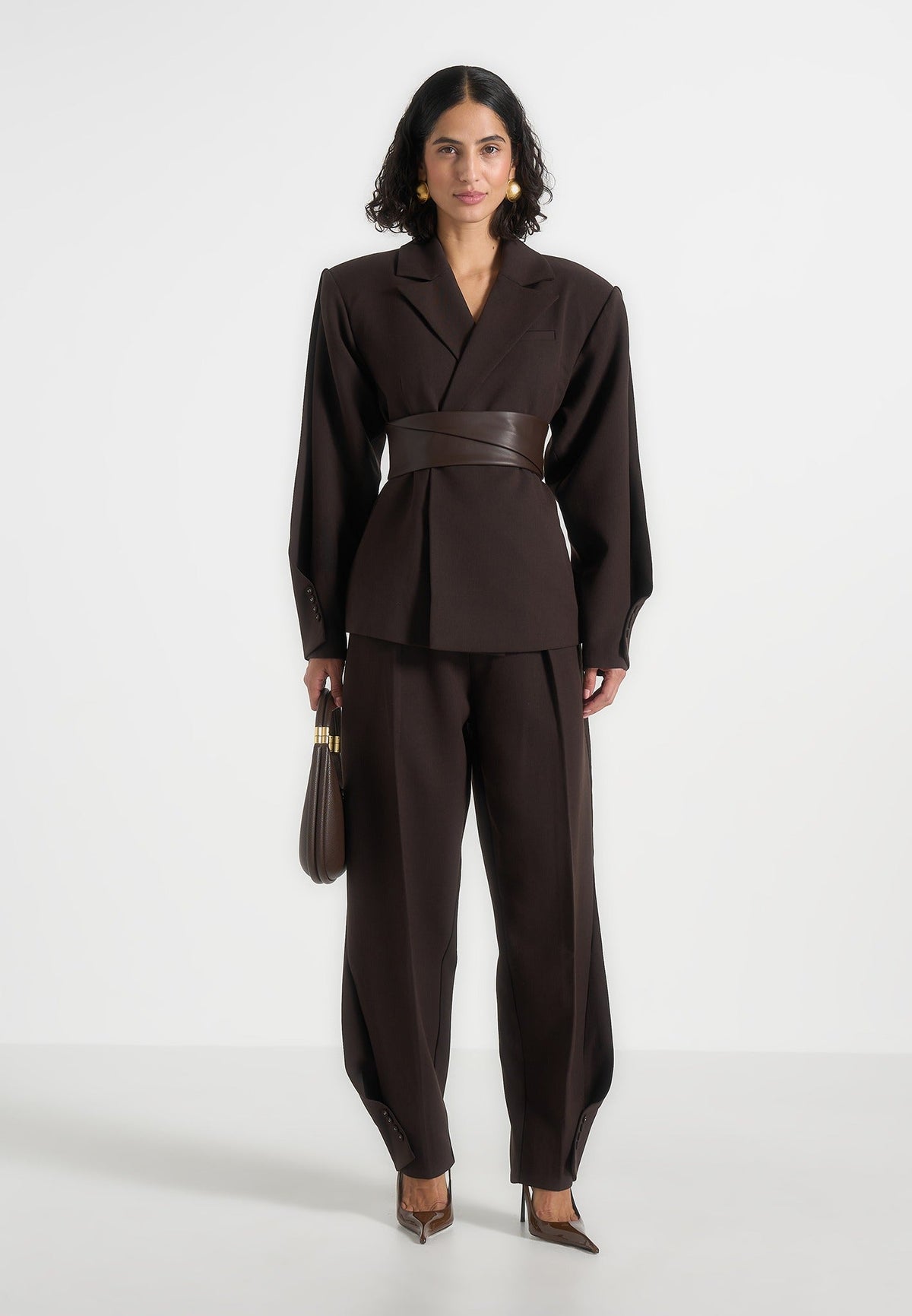 Marie - Twist Sleeve Tailored Blazer with Belt - Brown
