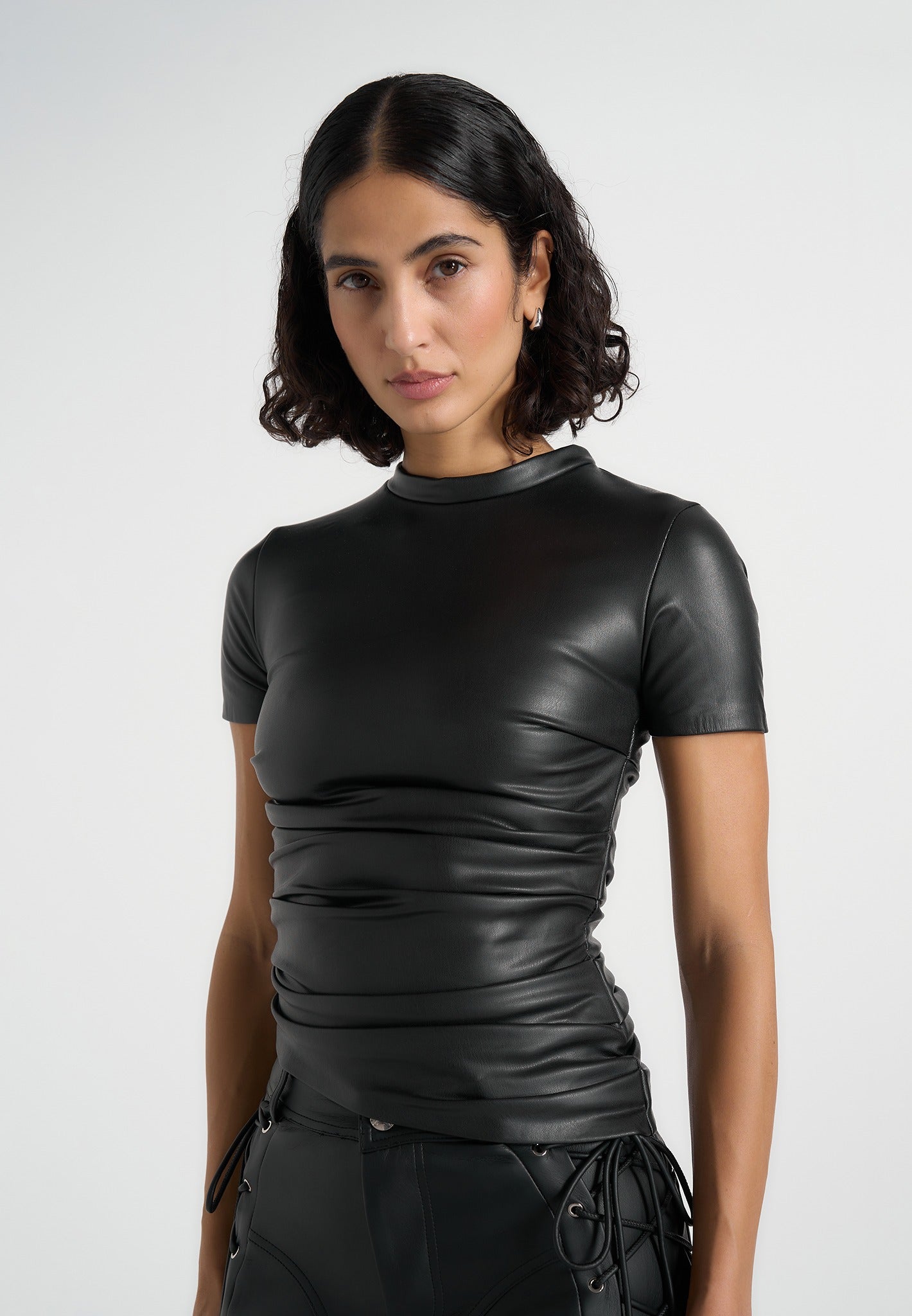 leather-ruched-t-shirt-black