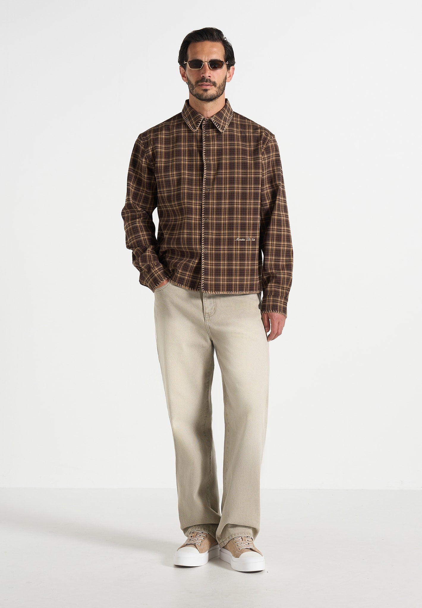 Blake - Unisex Whipstitch Check Shirt - Brown
