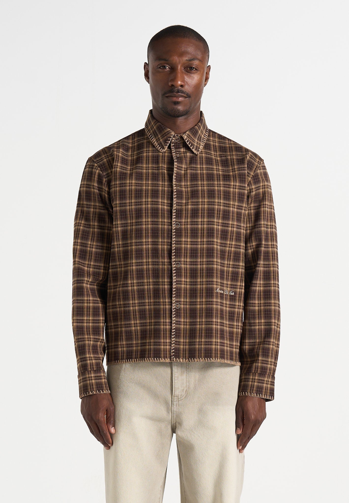 Blake - Unisex Whipstitch Check Shirt - Brown