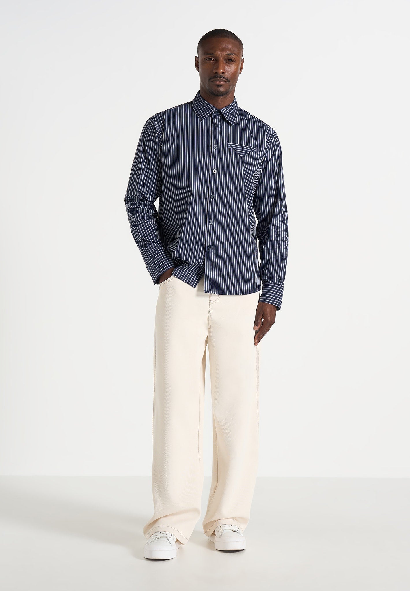 Ronnie - Unisex Pinstripe Long Sleeve Shirt - Navy