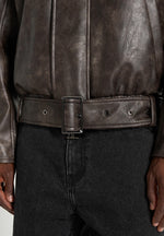Ezra - Unisex Vintage Leather Belted Bomber Jacket - Brown