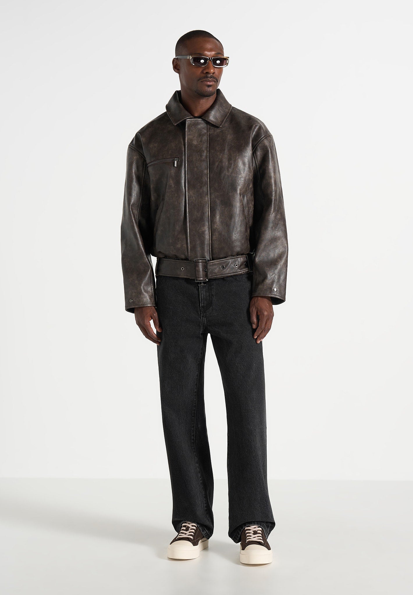 Ezra - Unisex Vintage Leather Belted Bomber Jacket - Brown