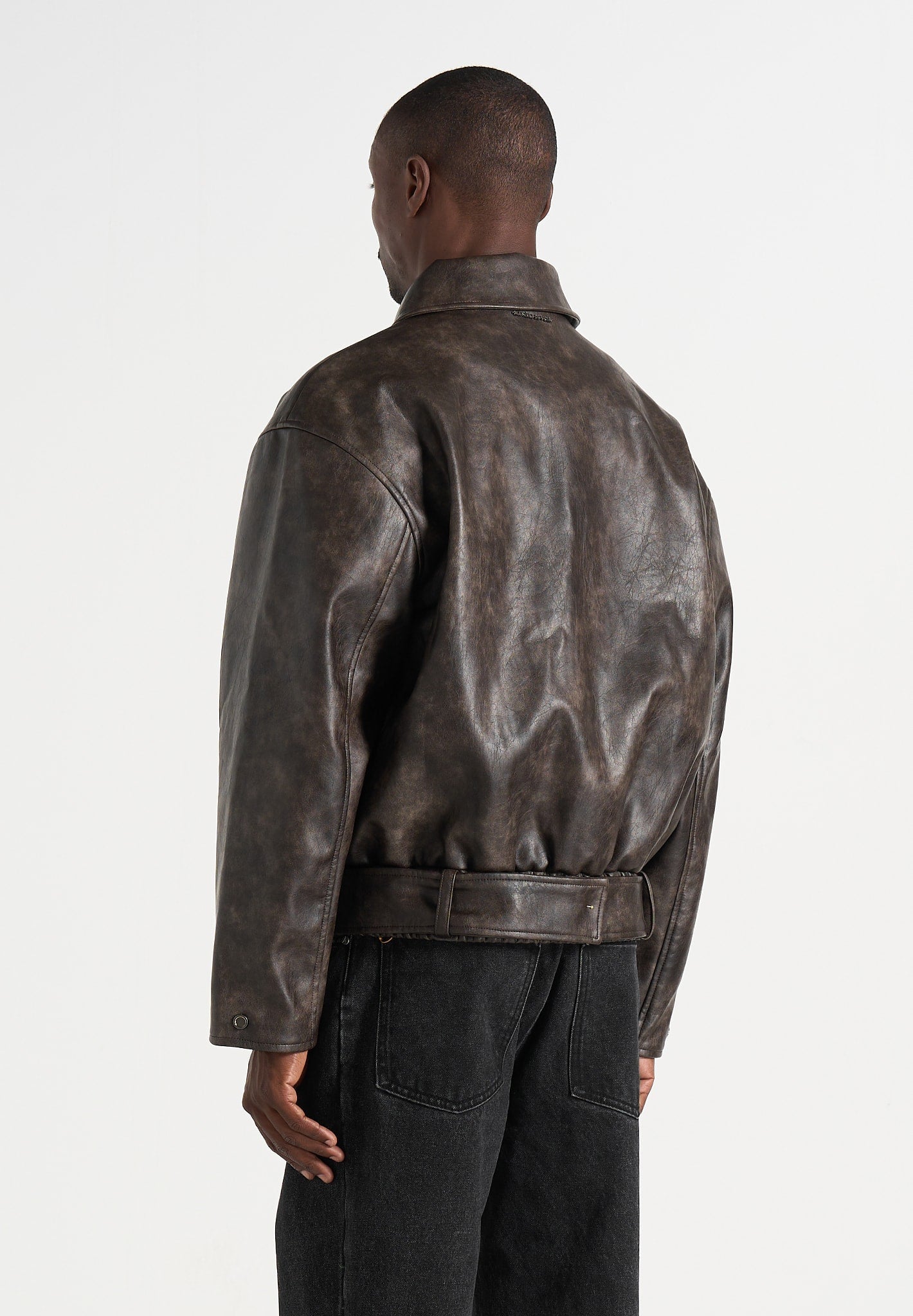 Ezra - Unisex Vintage Leather Belted Bomber Jacket - Brown