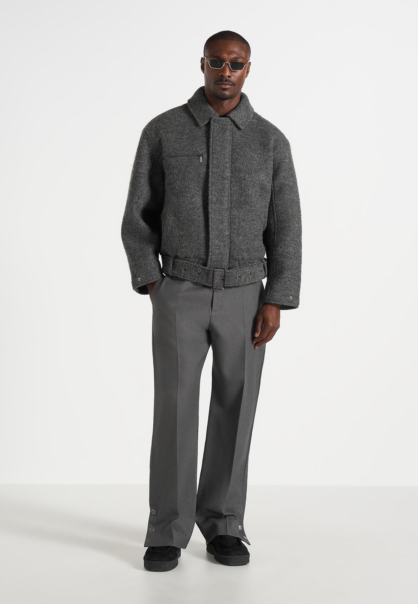 Ezra - Unisex Wool Belted Bomber Jacket - Grey