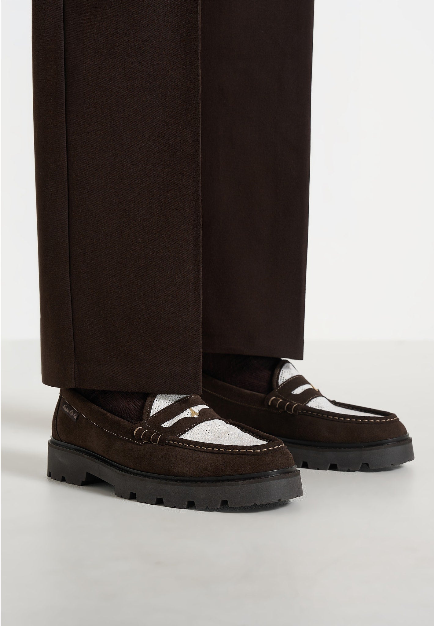 Diego - Suede & Crochet Penny Loafer - Brown/White