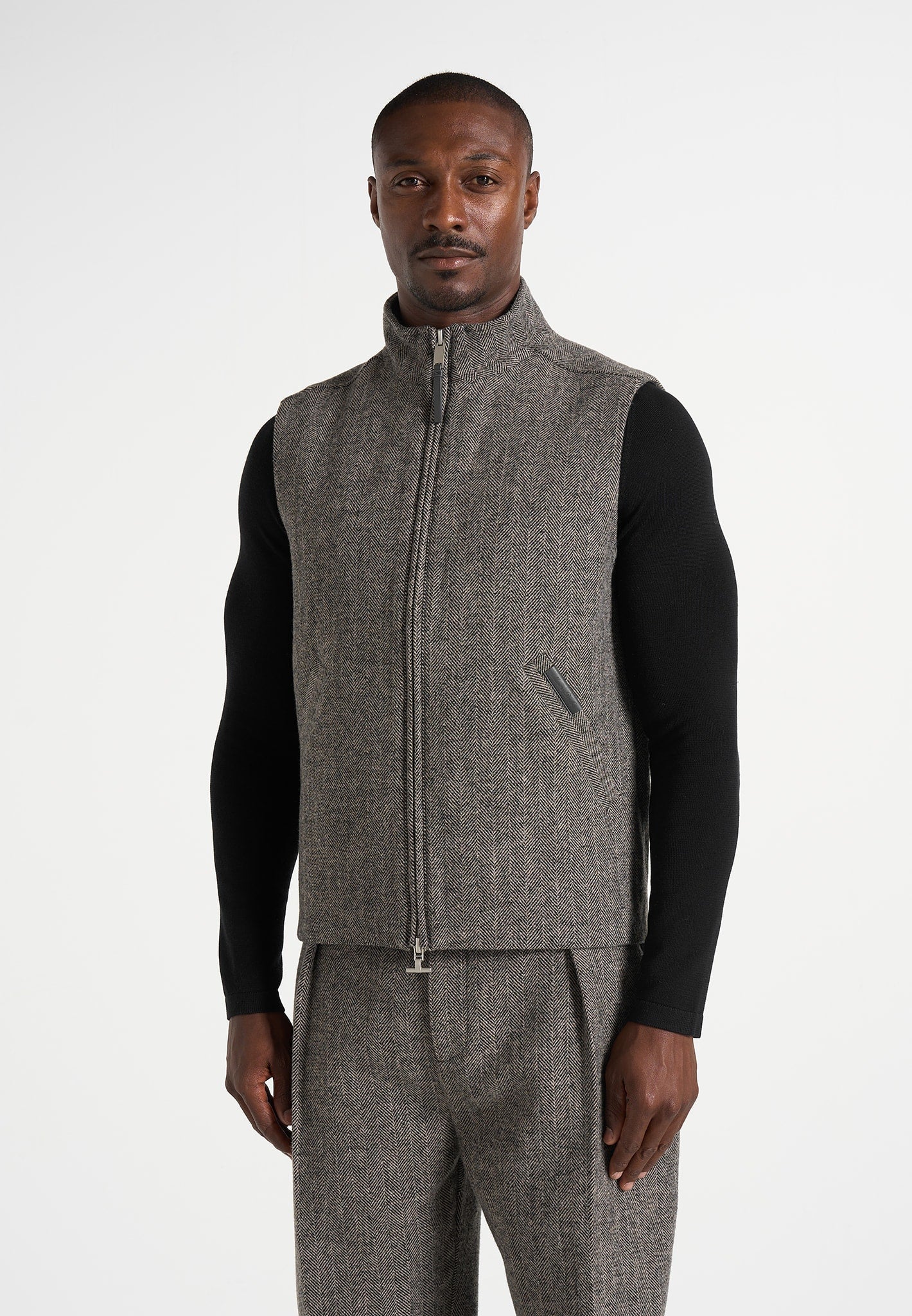 Levi - Herringbone Wool Zip Gilet - Grey