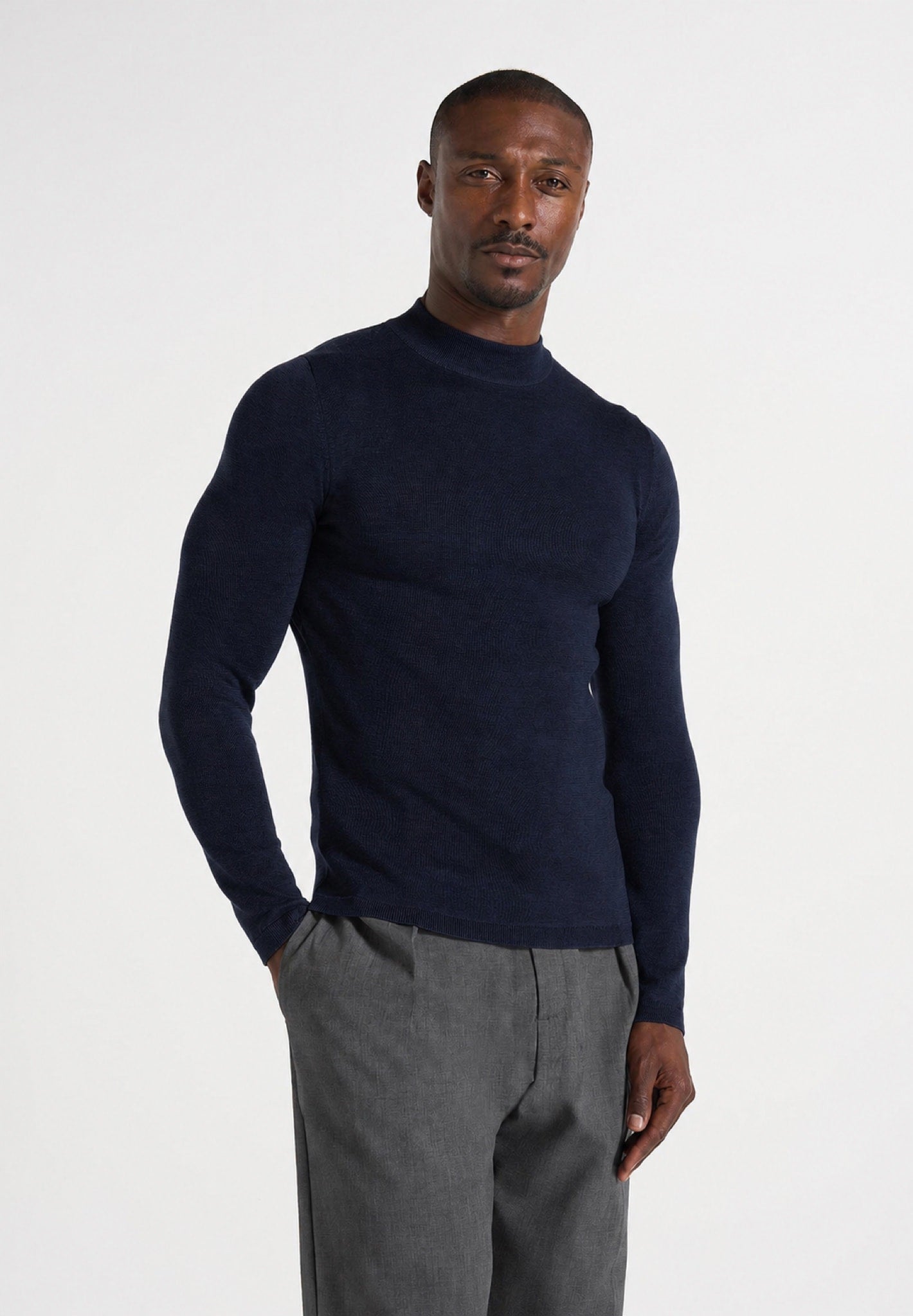 KW003 - Fitted Mock Neck Wool-Blend Sweater - Navy