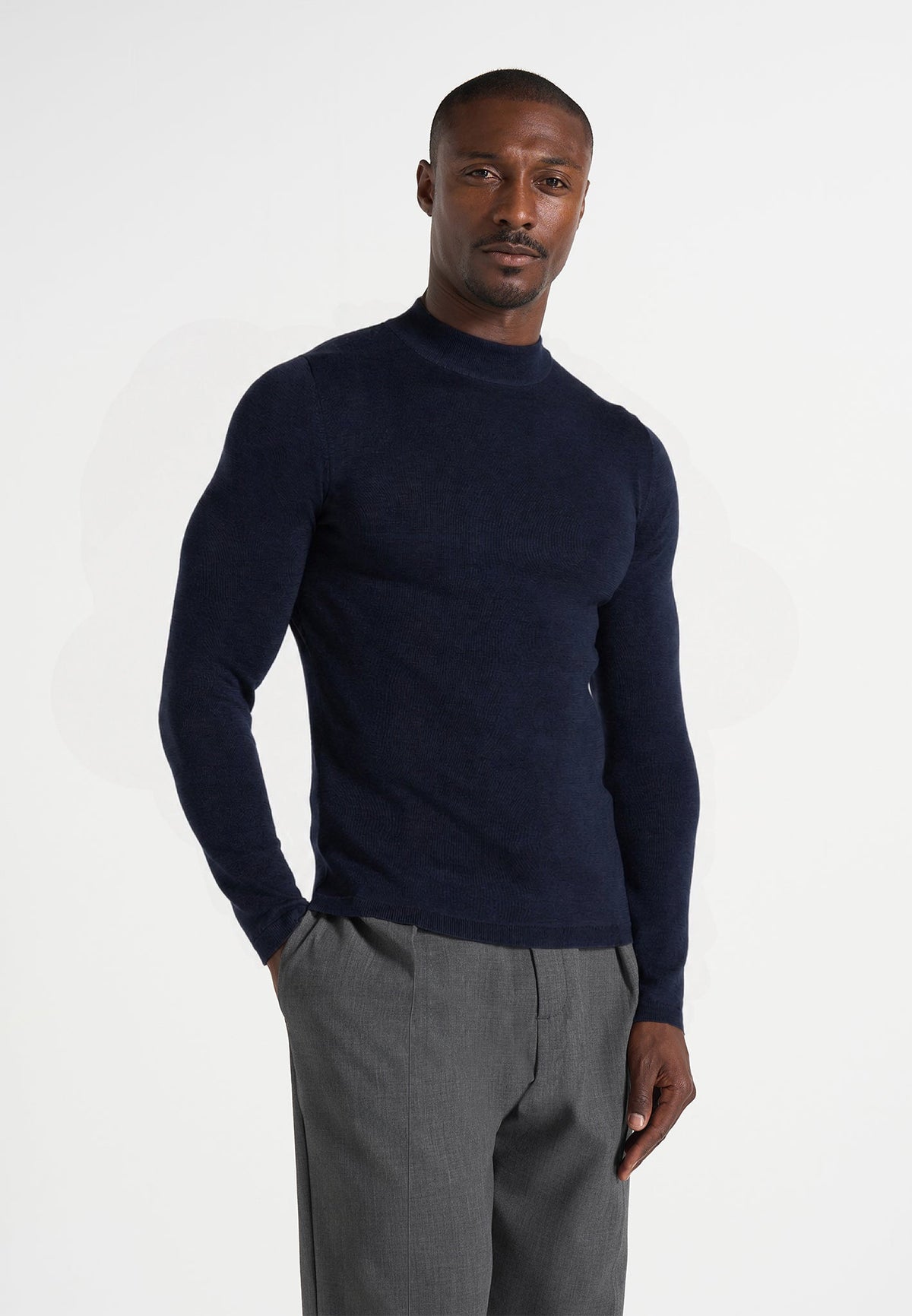 KW003 - Fitted Mock Neck Wool-Blend Sweater - Navy