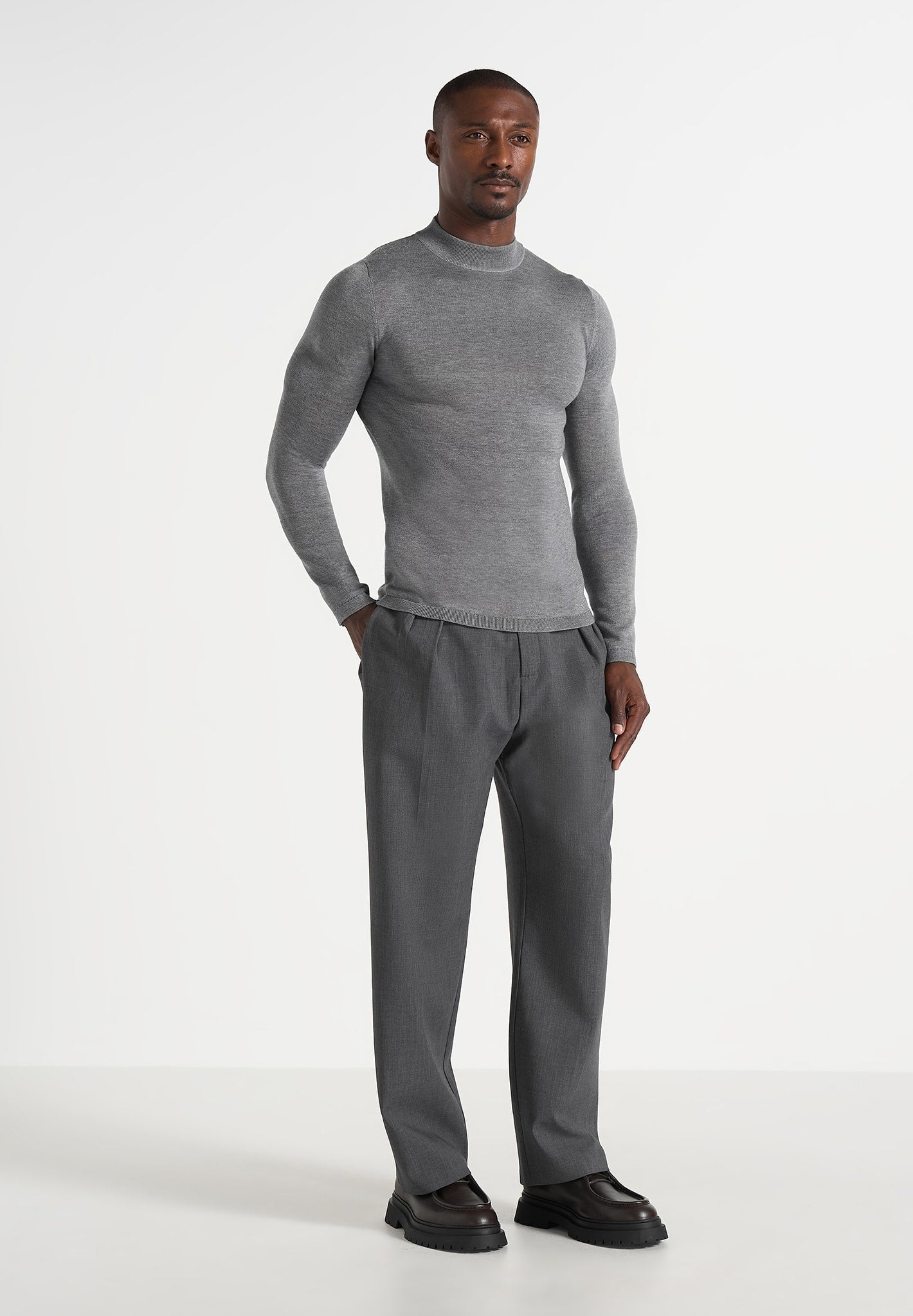 KW003 - Fitted Mock Neck Wool-Blend Sweater - Grey