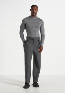 KW003 - Fitted Mock Neck Wool-Blend Sweater - Grey