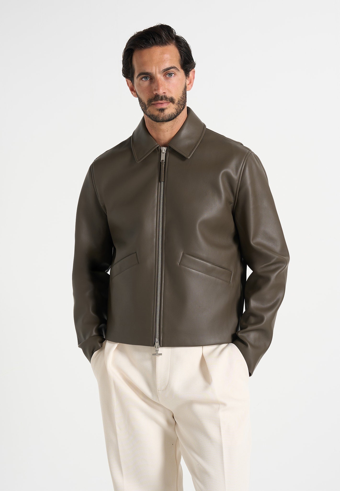 Yves - Minimal Leather Jacket - Olive