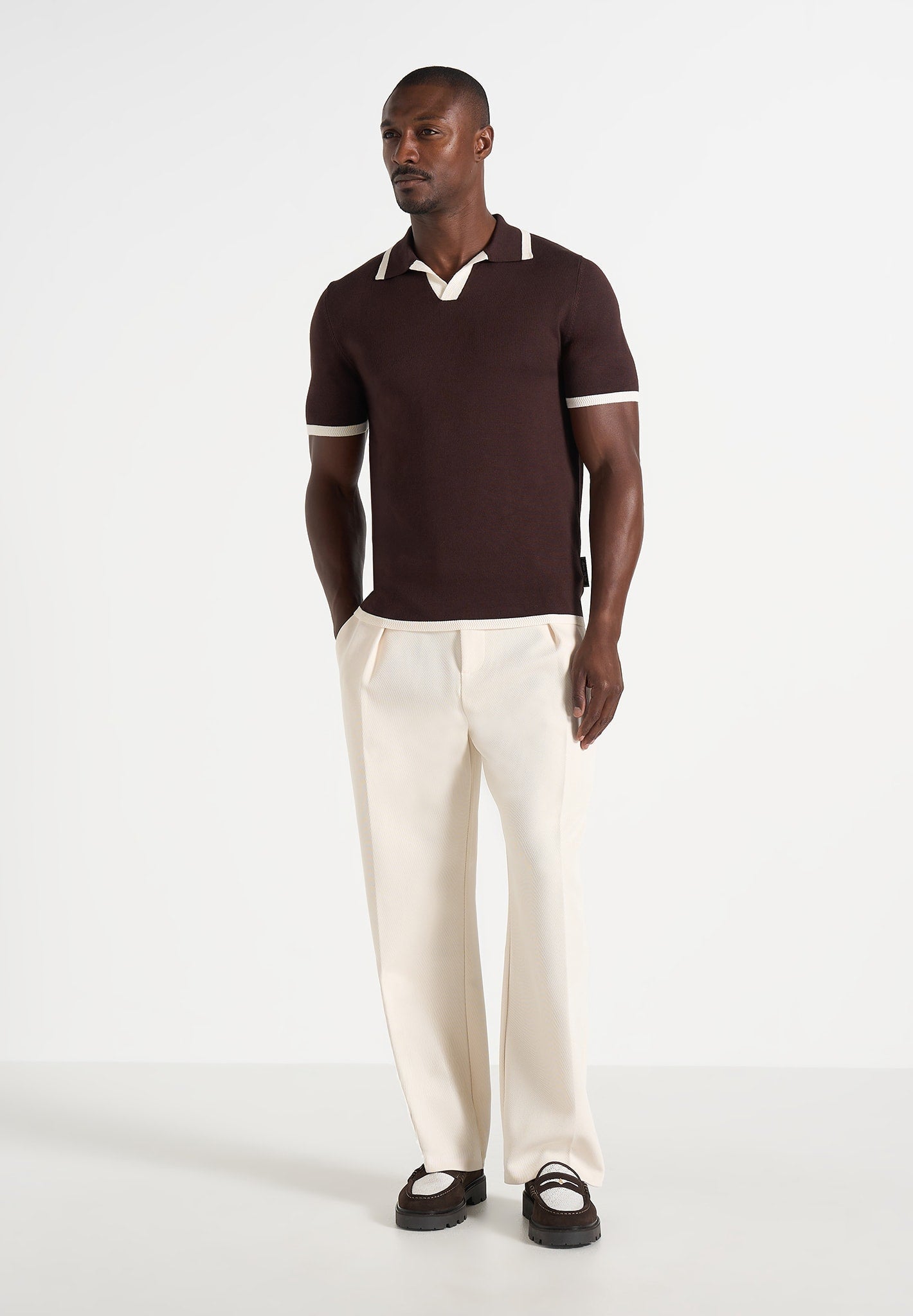 Lambert - Contrast Detail Knit Polo Shirt - Brown
