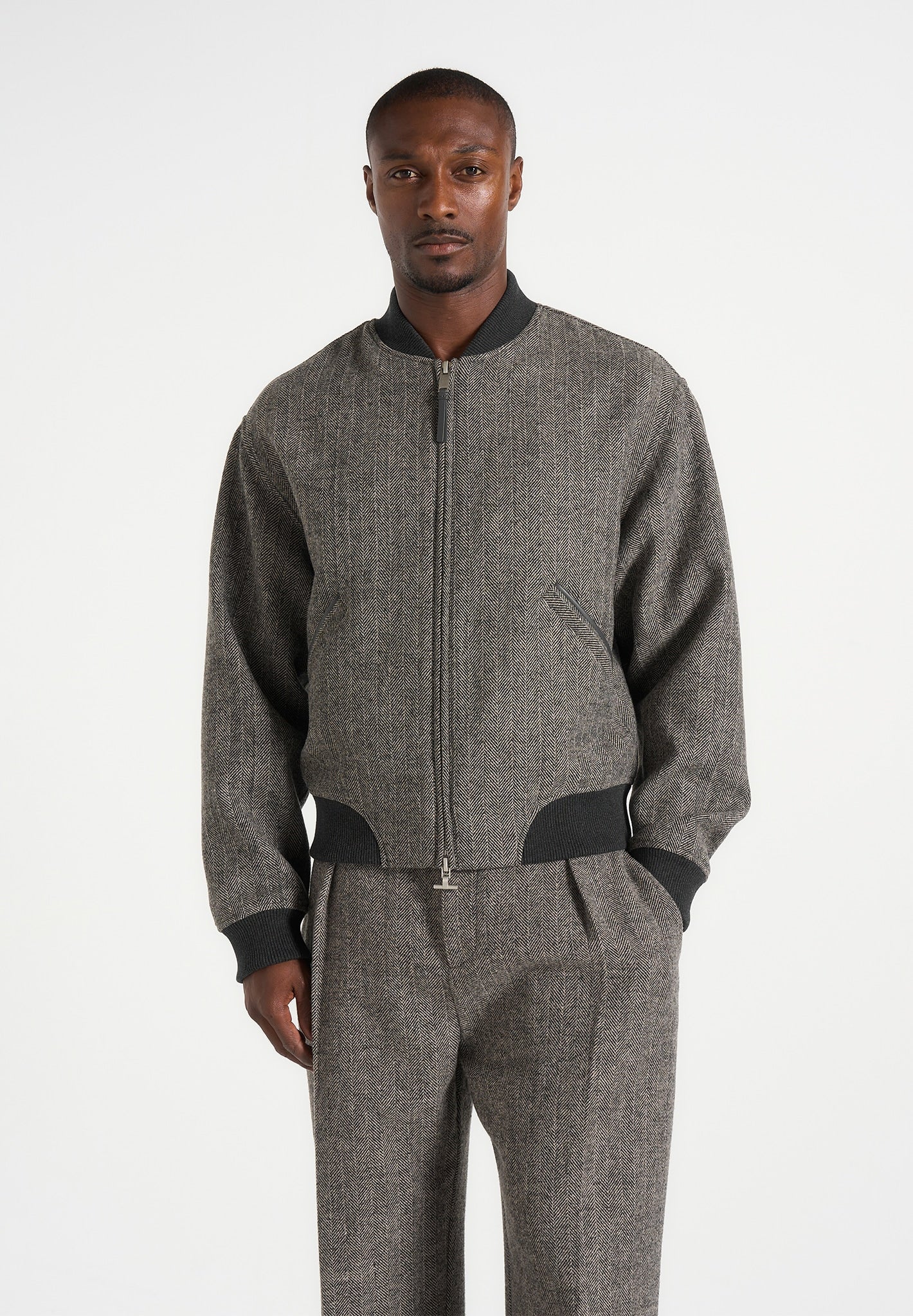 Leandro - Herringbone Wool Bomber Jacket - Grey