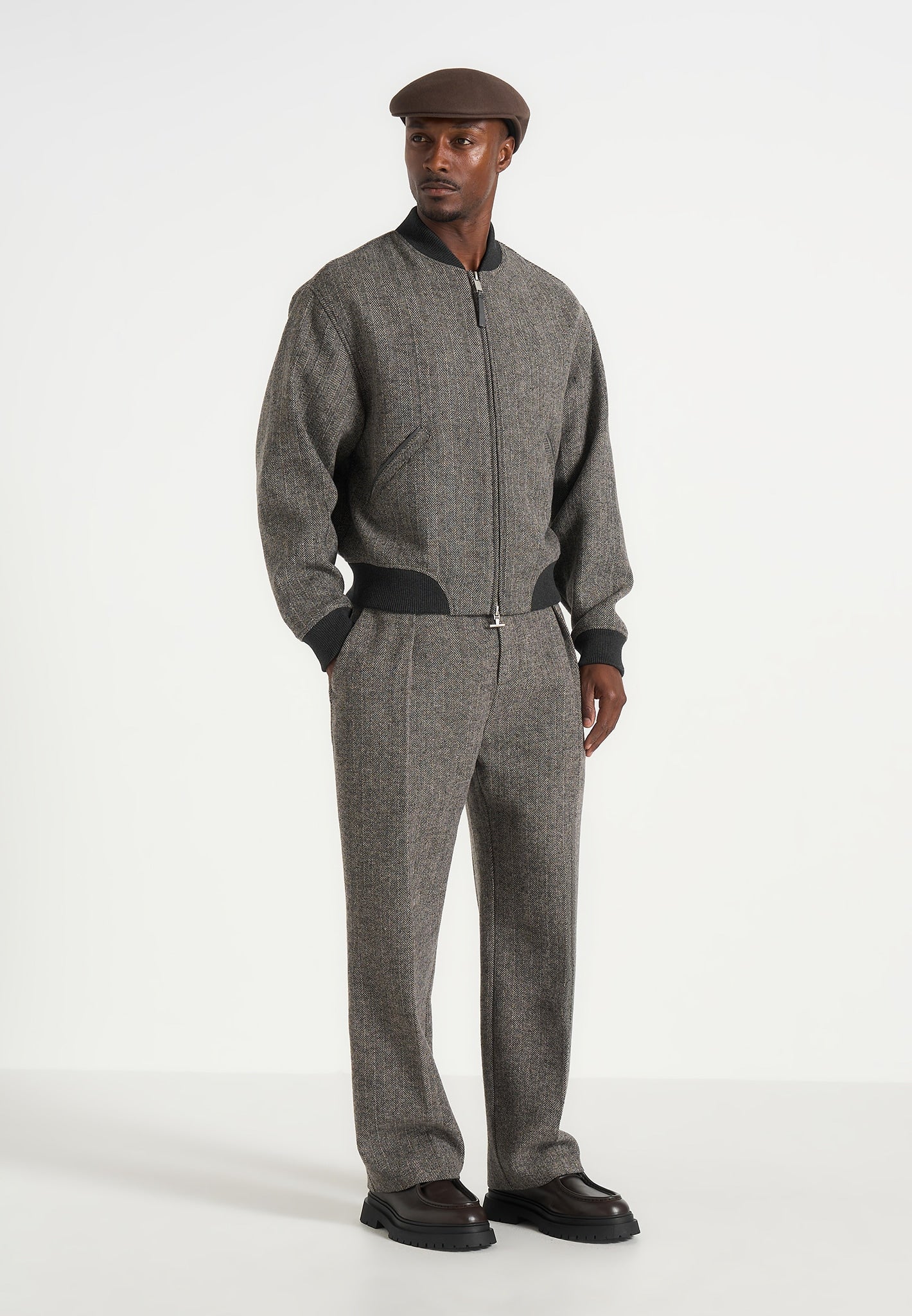 Leandro - Herringbone Wool Bomber Jacket - Grey